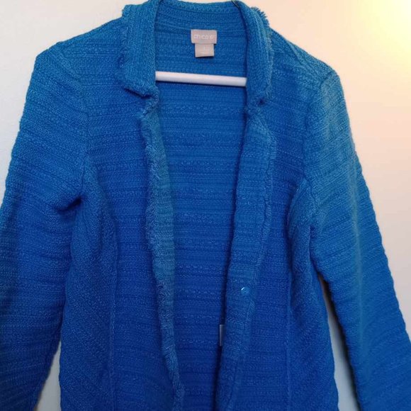 Chico's Structured Tweed Knit Cardigan Blazer Size 1 Fringe Blue - Picture 1 of 6